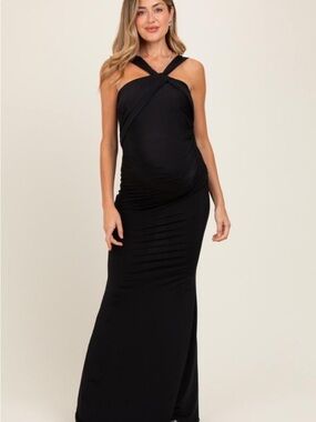 Pink Blush Black Twist Front Ruched Maternity Maxi Dress